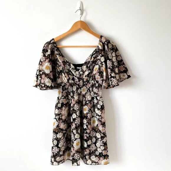 Abercrombie & Fitch Angel  Sleeve Smocked Waist Mini Dress Brown Floral Sz Small - Picture 5 of 10